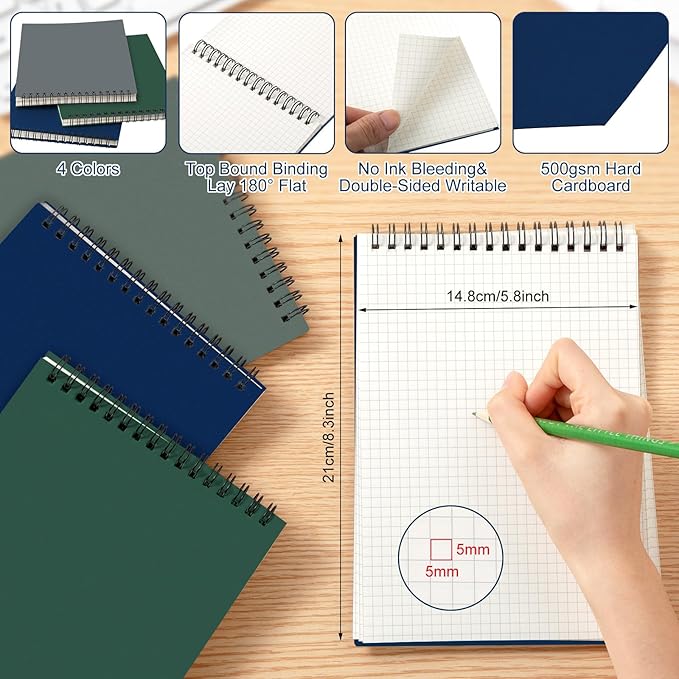 Graph Paper Spiral Notepad A5 Top Wirebound Notepad Grid Notebook Steno Pads Memo Notebook Grid Paper 140 Pages for Writing Sketching Drawing Office Supplies(Dark Color,6 Pack)