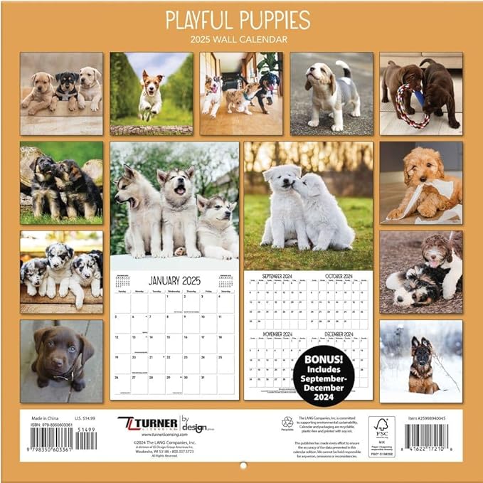 TURNER PHOTOGRAPHIC Playful Puppies 12x12 Photo Wall Calendar (25998940045)