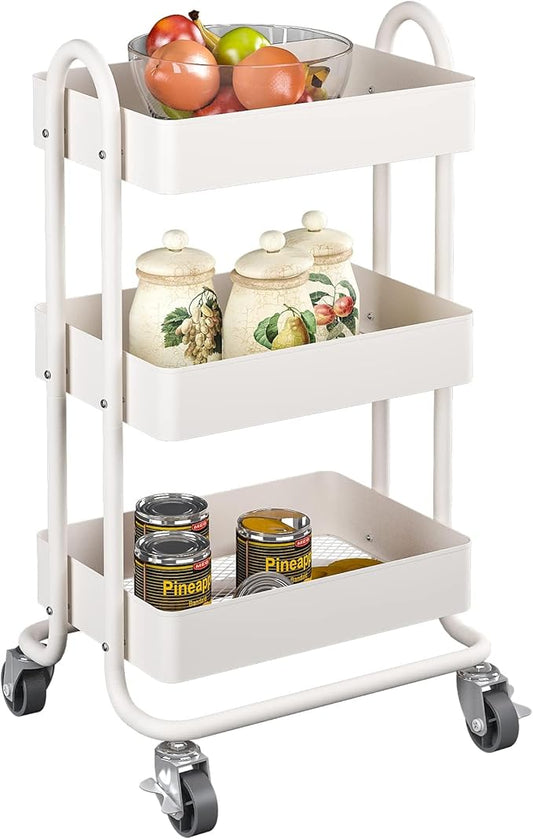 3-Tier Rolling Cart,Metal Rolling Utility Cart with Handle,Steel Multifunction Carts with Wheels,Kitchen Storage Carts Suitable for Office,Home,Kitchen,Garden（13.4"x18.1"x31"） White