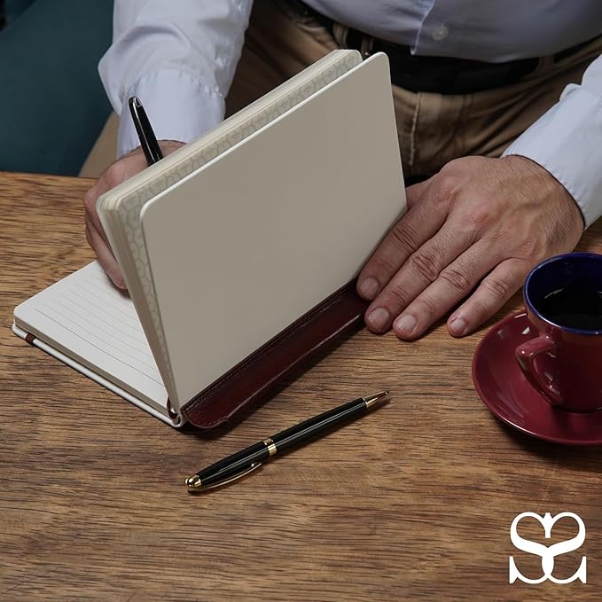 SETTINI® Lined Journal - Modern White Journal for Writing Gift Set - Hardcover Vegan Leather, Includes Luxury Pen in a Unique Pen Holder, 192 Pages, 6 x 8.5 inches, Birthday Gifts