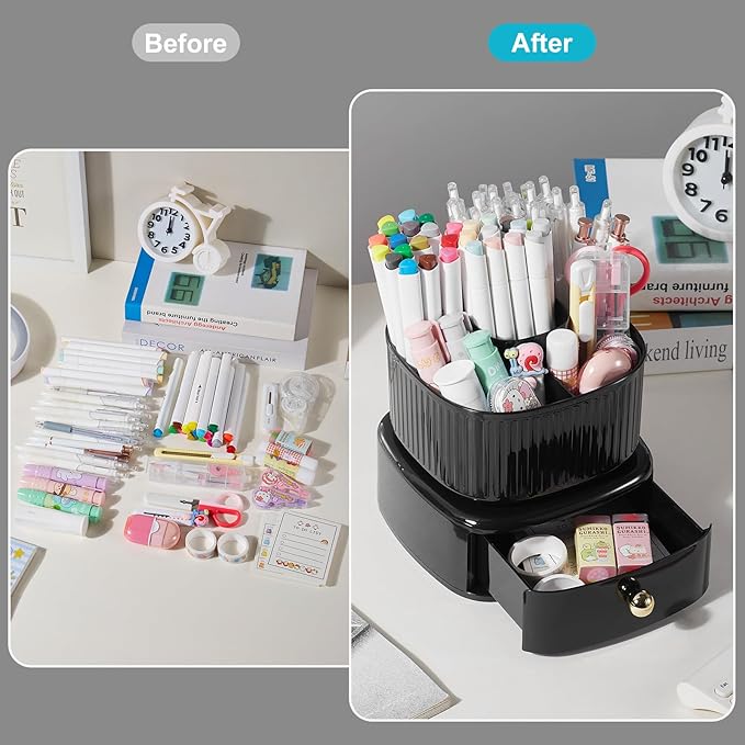 Desk Pencil Pen Holder with Drawer, 5 Slots 360 Degree Rotating Pencil Pen Organizers Desk Organizers for Office Accessories Shool Supply Black