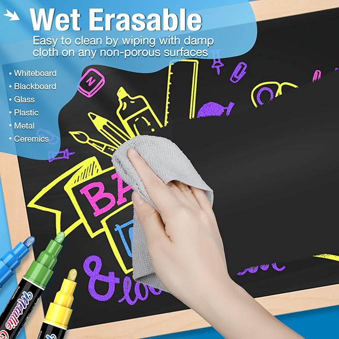 Metallic Liquid Chalk Markers for Chalkboard -10 Colors Wet Erase Window Marker Pens with 6mm Reversible Bullet & Chisel Tip for Glass, Calendar Boards, Car Decorations, Auto, Bistro, Mirror, Business