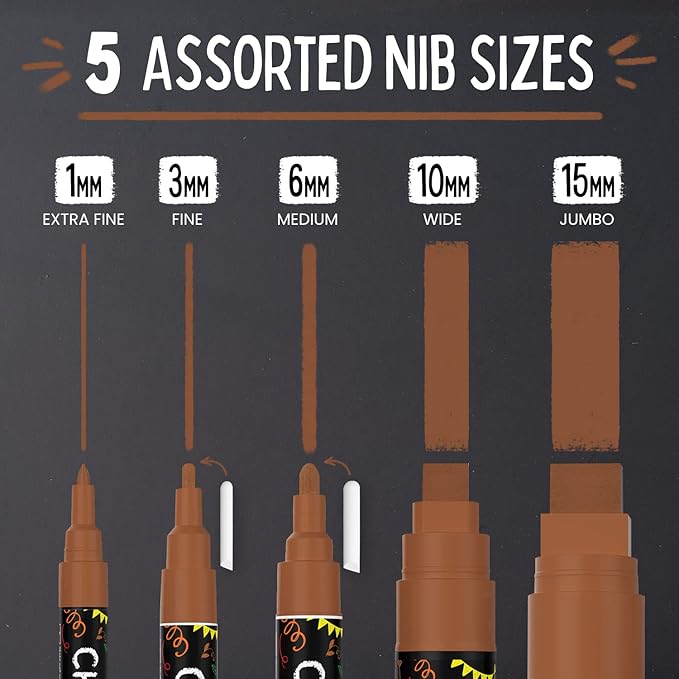 5 Brown Chalkboard Chalk Markers - Brown Dry Erase Markers for Blackboard, Chalkboard Signs, Windows, Glass | Variety Pack - Fine & Jumbo Size Ink Pen (1mm, 3mm, 6mm, 10mm, 15mm)