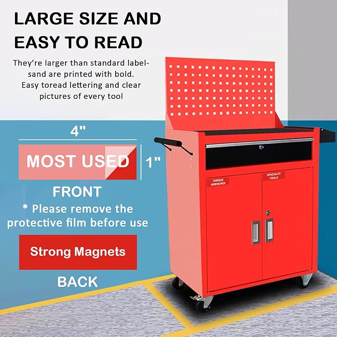 Tool Box Organization Magnetic Labels,Tool Chest Organizer Labels with Strong Magnets,Easy to Read Printing - Fits All Brands of Steel Tool Box Drawers,Red-(72 Pcs, 4 x 1 Inches)
