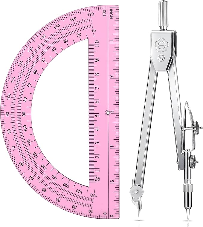 EBOOT Student Geometry Math Set, Drawing Compass and 6 Inch Swing Arm Protractor 180 Degree Math Protractor (Pink)