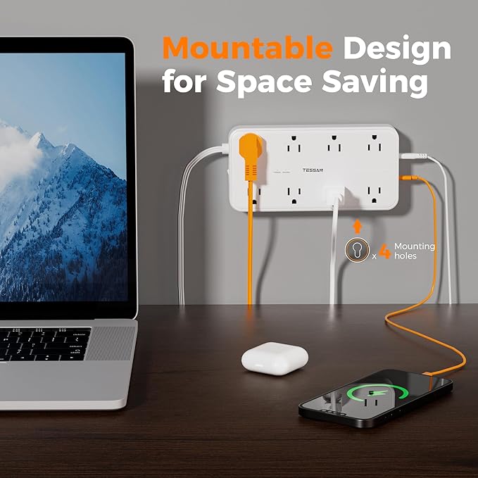 Power Strip with Surge Protection, TESSAN Flat Plug Extension Cord with 8 Outlets 3 USB Ports(1 USB C), 1080J Wall-Mounted Charging Station for Apartment Office School Dorm Room Essentials