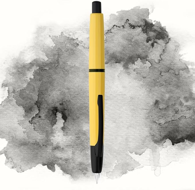 Majohn A2 Press Fountain Pen Extra Fine Nib with Box, Retractable Yellow Resin Ink Pen with Converter Writing Set (Black Clip Version）