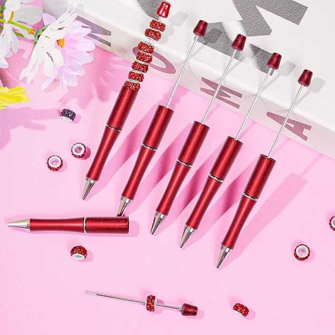 jiebor 20Pcs Red Beadable Pens Plastic Bead Ballpoint Pens Bulk with 50Pcs Black Ink Cute Cool DIY Pens for Women Teacher Christmas Gift Office Supplies