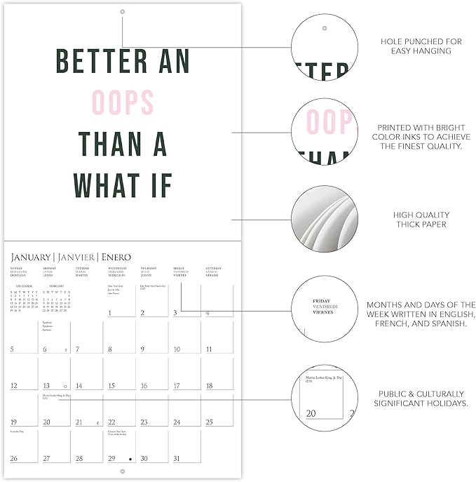 Graphique 2025 Girl Boss Wall Calendar | 12” x 12” | Thick Paper | Home & Office Organizer | Large Monthly Grid | 3 Languages & Marked Holidays | 4 Month Preview Page for 2026