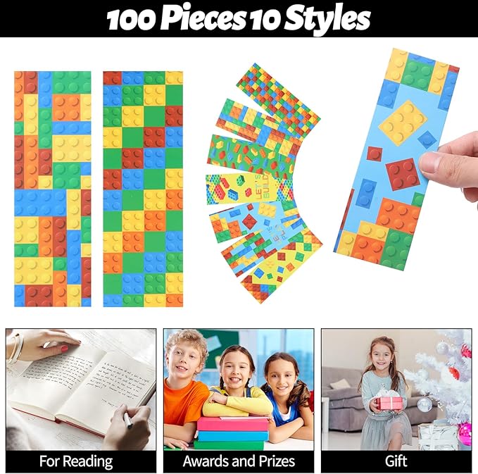 LiYiQ 100 Pcs Funny Building Block Bookmarks 6×2-inch Double-Sided Bookmarks for Kids Students Teachers Book Lovers Cute Bookmarks for Reading Bookmarks for Students School Supplies