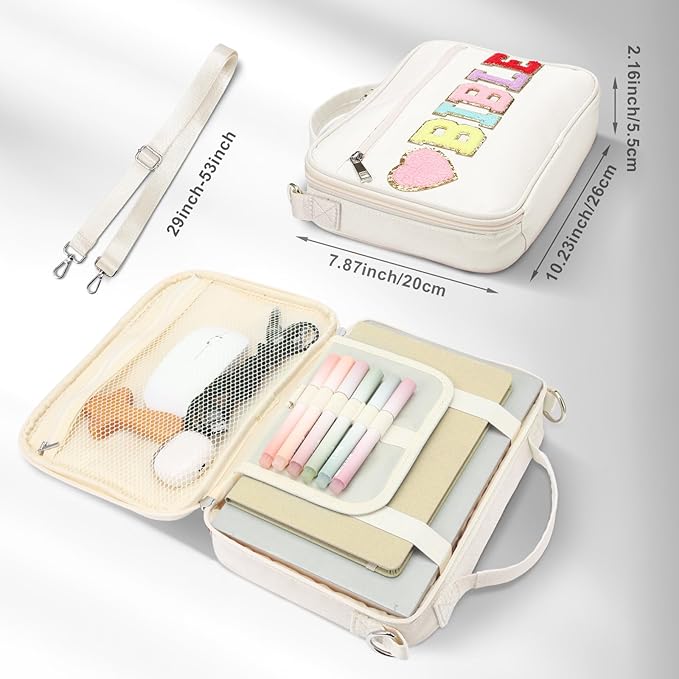 Silkfly Large Chenille Letter Bible Cover for Women Preppy Patch Bible Case Church Bible Bag with Handle(White)