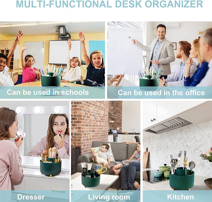 Pencil Holder For Desk,5 Slots 360°Degree Rotating Desk Organizers And Accessories,Desktop Storage Stationery Supplies Organizer, Cute Pencil Cup Pot For Office, School, Home (A-Green)