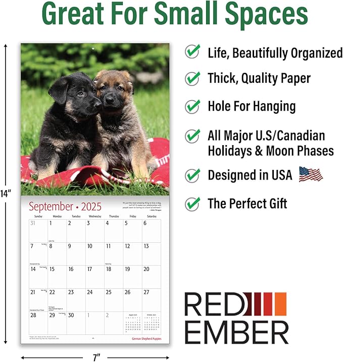 RED EMBER German Shepherd Puppies Mini 2025 Wall Calendar 12 Month | 7" x 14" Open | Thick & Sturdy Paper | Giftable | Calendar 2025