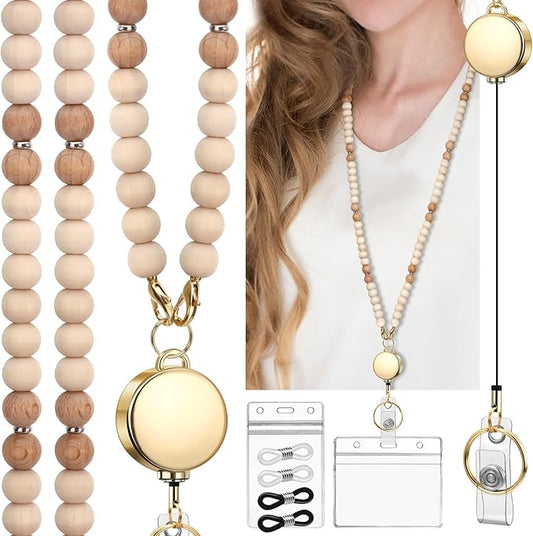 Teacher Lanyard with Id Holder, Cute Lanyards for Id Badges Keys, Retractable Natural Wooden Beaded Lanyard for Women, Stylish