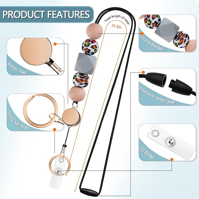 Retractable Lanyards for ID Badges and Keys, Cute Breakaway Teacher Lanyard with Badge Holders and Reels, Silicone Beaded Lanyard for Women, Nurses, Office with 2 Waterproof Card Holders