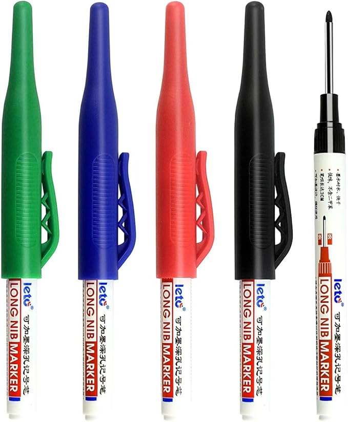 Long Head Deep Hole Marker Pens, 2024 Upgrade, Permanent, Quick-dry, Waterproof Long Nib, Colorful Carpenter Deep Reach Markers, 4 Color Set, Black/red/green/blue