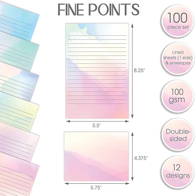 Better Office Products Mini Stationery Set, 100 Piece Set (50 Lined Watercolor Sheets + 50 Matching Envelopes), 5.5 x 8.25 inch, 12 Unique Designs, Double Sided Printing, One Side Lined Paper,