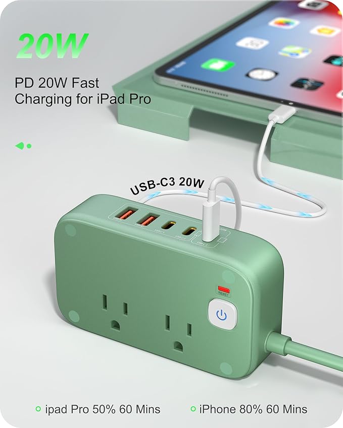Flat Plug Power Strip, 20W USB C Power Strip with 2500W AC Outlets, 3 USB-C Ports, 2 USB-A Ports, 5FT Flat Extension Cord Outlet Extende Desk Charging Station for Home/Office/Travel Essentials