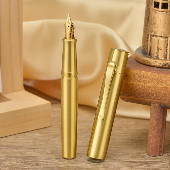 Hongdian M2 Mini Brass Fountain Pen with Extra Fine Soft Golden Nib, Sleek Shape Short Pocket Travel Pen (Glossy Brass)