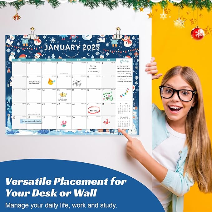 Gannyfer Large Desk Calendar 2025-2026 - 18 months from Jan 2025 to Jun 2026, 22" x 17" Desktop/Wall Pad Calendar with to-do List, Thick Paper with Plastic Cover, Large Ruled Blocks - Snow (2 Binder Clips Included)