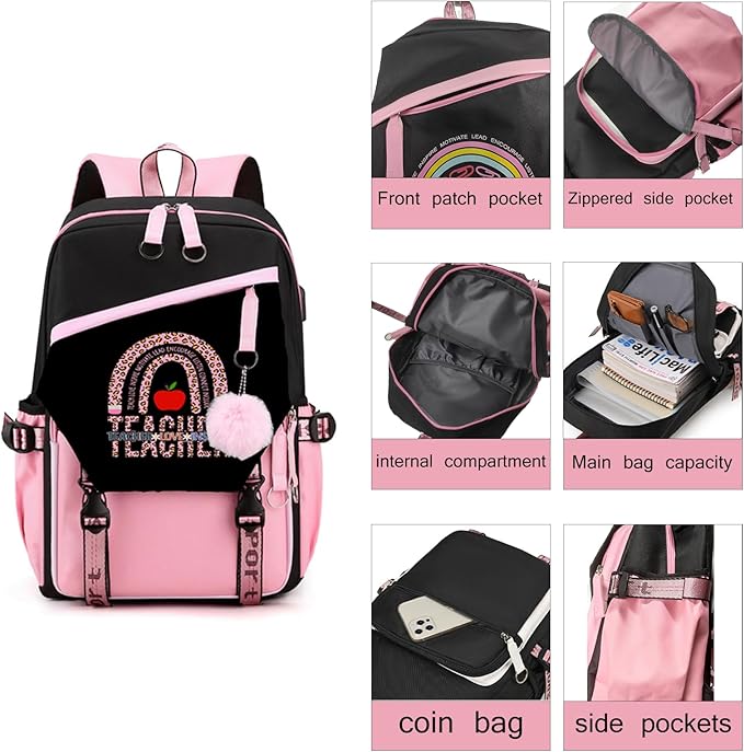 Teacher Backpack for Women,16.5 Inch Laptop Backpack With USB Charging Port Large Capacity Travel Backpack,Pink (Teacher Backpack, One Size)