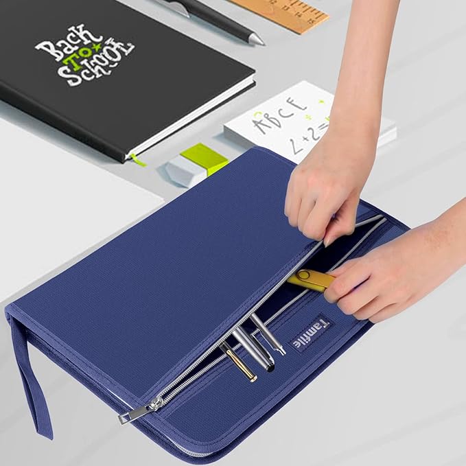 Fireproof Safe Accordion File Organizer Bag Folder,Waterproof Expanding Filing Folder with 14 Pockets, A4 Letter Size, Document Organizer Holder and Color Labels /2 Zipper, Navy Blue 14.3" x 9.8"