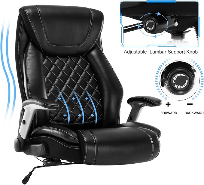 Big and Tall Office Chair 400LBS High Back Executive Chair Computer Chair- Adjustable Lumbar Support with Flip-Up Arms Large Desk Swivel Chair with Heavy Duty Metal Base,Black