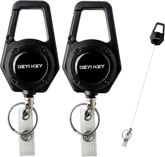 Retractable Keychain Heavy Duty, Multitool Carabiner Badge Holder, Retractable Keychain Clip Id Holder, Tactical ID Badge Reel with 29.5" Steel Retractable Cord, 2Pack Black
