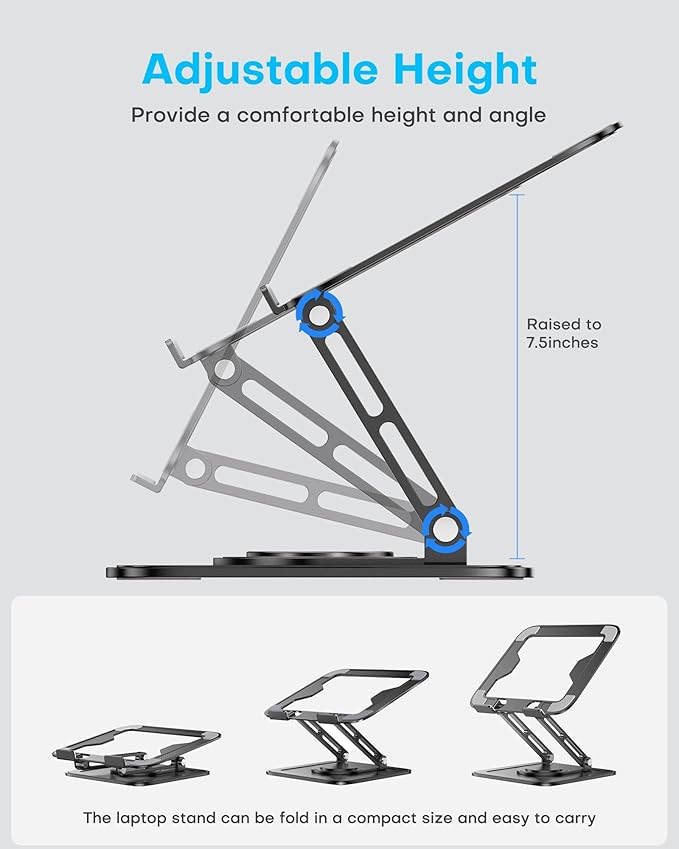 Adjustable Laptop Stand, Computer stand with 360 Rotating Base, Ergonomic Laptop Riser for Desk Foldable Laptop Mount Protable Computer Stand for Laptop Fits with MacBook Pro Air (10-16") - Black