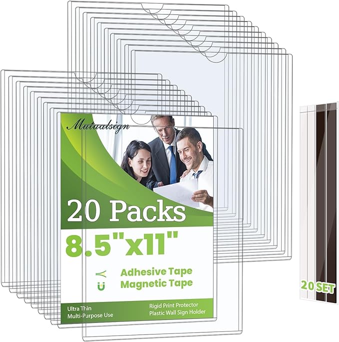 20 Pcs Wall Sign Holder 8.5"x11" Magnetic Sign Holder, Rigid Print Protectors with Adhesive & Magnetic Tapes, Wall Mount Plastic Paper Holder for Office Store Home Window Display (Clear)