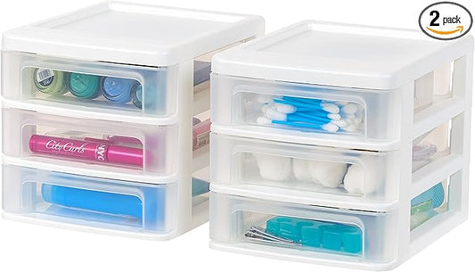 IRIS USA Plastic Stacking Desk Top 3-Drawer Storage Organizer, 2-Pack, for Makep Vanity Nail Polish Bathroom Stationery Art Craft Supplies Kitchen Office Garage and Small Organization, Small, White