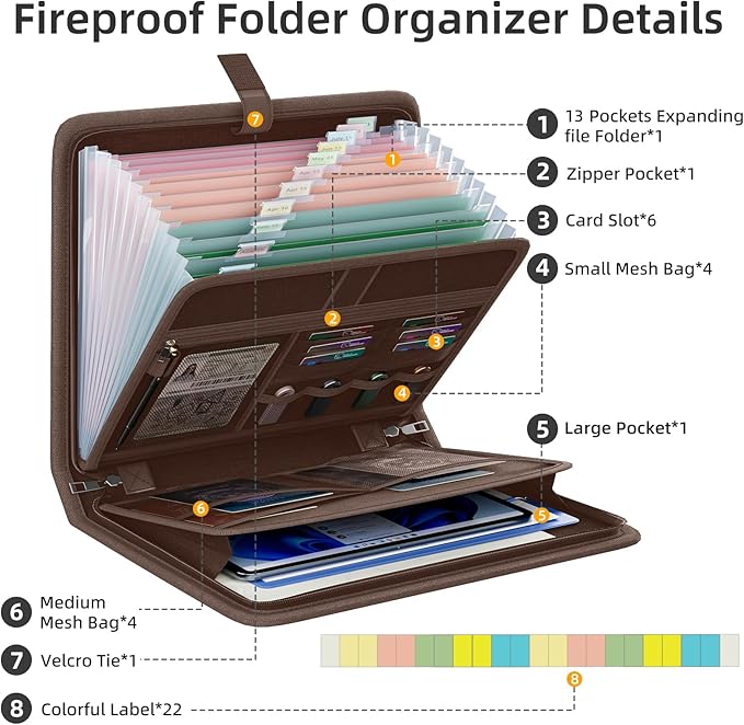 Fireproof Accordion File Organizer, Portable Expanding File Folder with Waterproof Zipper&Labels, Brown Document Organizer with 13 Pockets, File Organizer for Important Document/Paper Storage