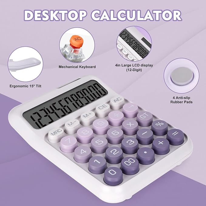 Mechanical Switch Calculator with Big Buttons, Calculators Desktop, 12 Digits, Solar Battery Power, Desk Calculator, Large LCD Display,Cute Purple Calculator for Teachers Students Basic Office