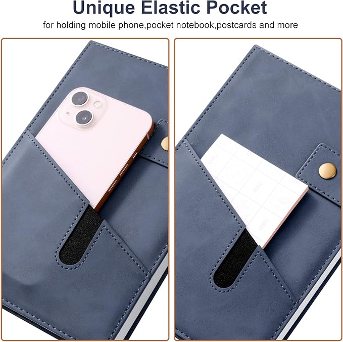 A5 Leather Journal Notebook with Pen, 200 Pages Hardcover Journal with Pocket, 100gsm Thick Lined Paper Daily Diary for Men and Women, Great Gift for Business School Travel Personal - Blue