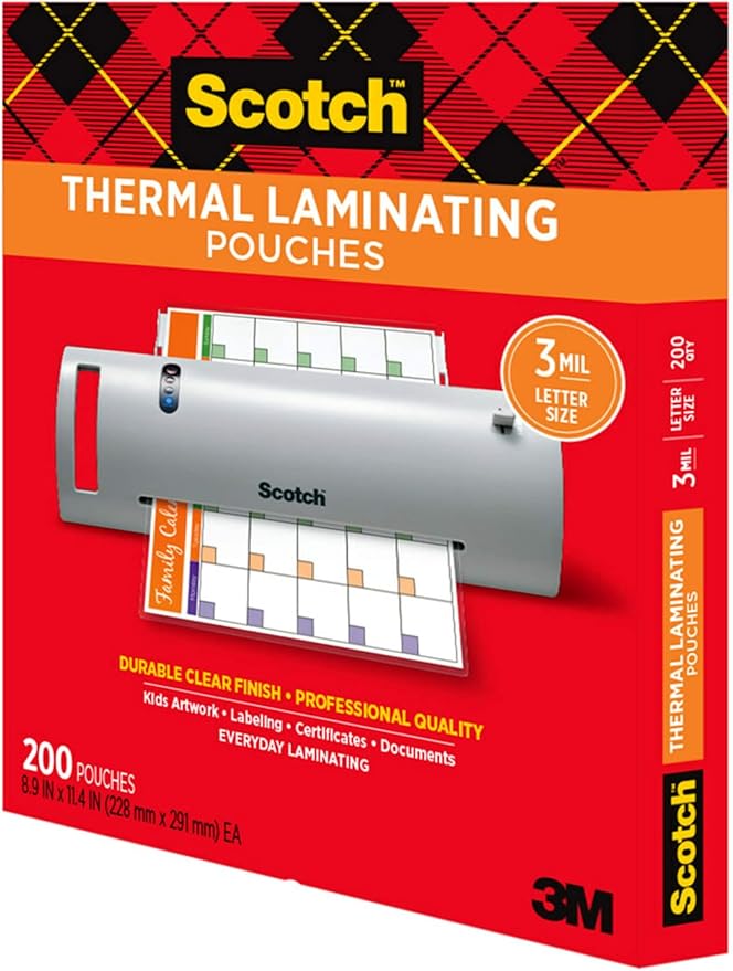 Scotch Thermal Laminating Pouches, 200 Pack Laminating Sheets, 3 Mil, 8.9 x 11.4 Inches, Holiday & Craft Supplies, For Use With Thermal Laminators, Letter Size Sheets
