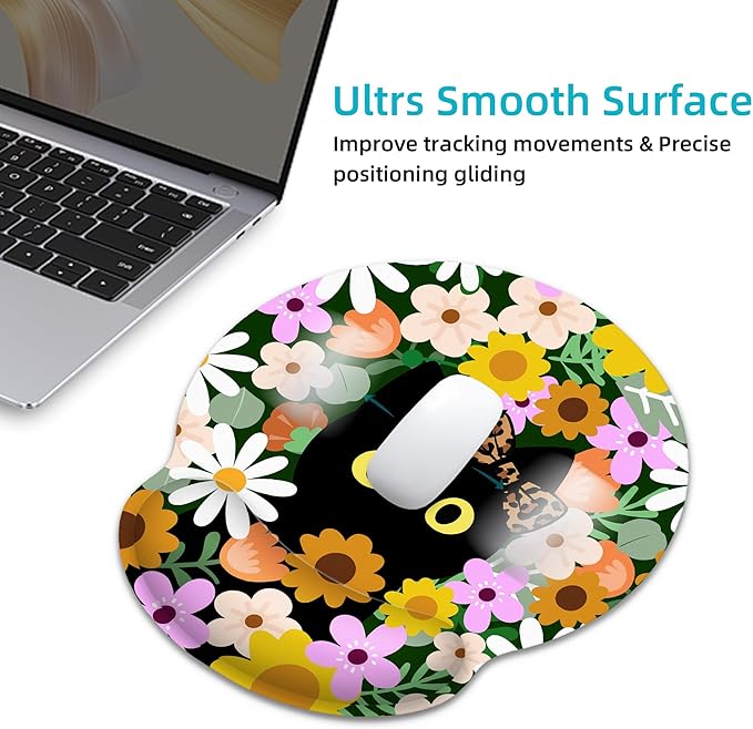 Ergonomic Mouse Pad with Wrist Support,Flower Cute Black Cat Mouse Pad with Wrist Rest,Relieve Wrist Pain Mousepad Non-Slip Rubber Base,Mouse Pads for Desk,Computers,Laptop,Office,Home,Accessories