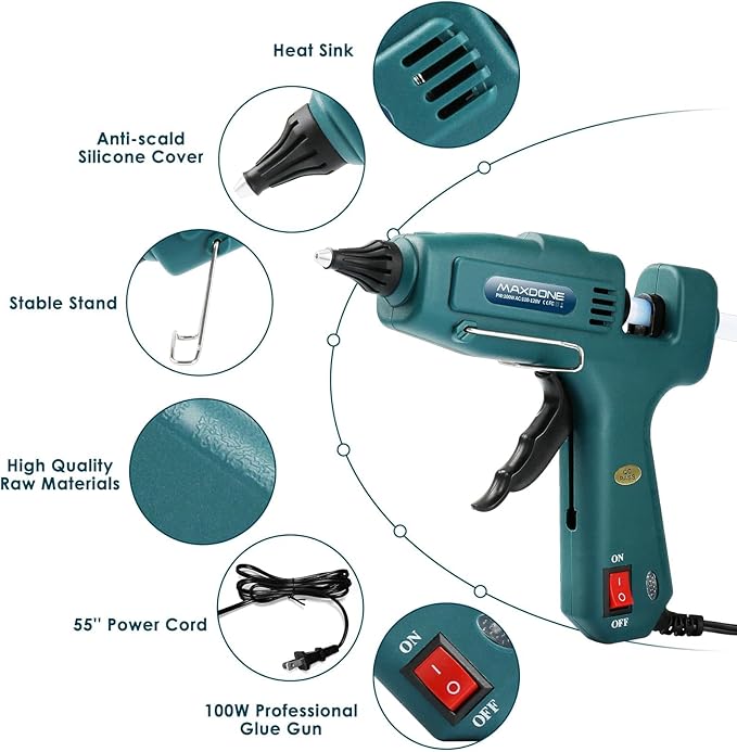 Fireproof 100W Hot Glue Gun Kit Glue Gun - MAXDONE Craft Glue Gun Full Size (Not Mini) Glue Guns Heavy Duty Hot Glue Gun with 12pcs Glue Sticks(0.43'' x 8") 100w for DIY Art