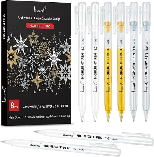 White Gold and Silver Gel Pen Set, 1mm Extra Fine Point Pens Gel Ink Pens Opaque Archival Ink Pens for Black Paper Drawing, Sketching,Card Making, Illustration, Bullet Journaling, 8 Pack