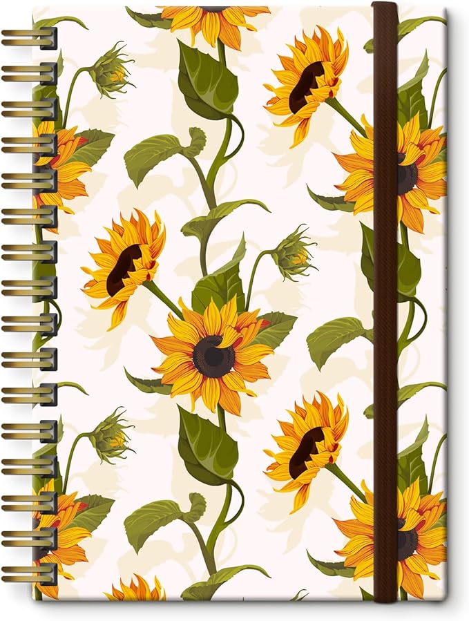 Spiral Journal Notebook, A5 Cute Notebooks for Women Men, College Ruled Hardcover Notebook for Work & Note Taking, 60 Pages Double-Wire Journals for Writing White Sunflowers