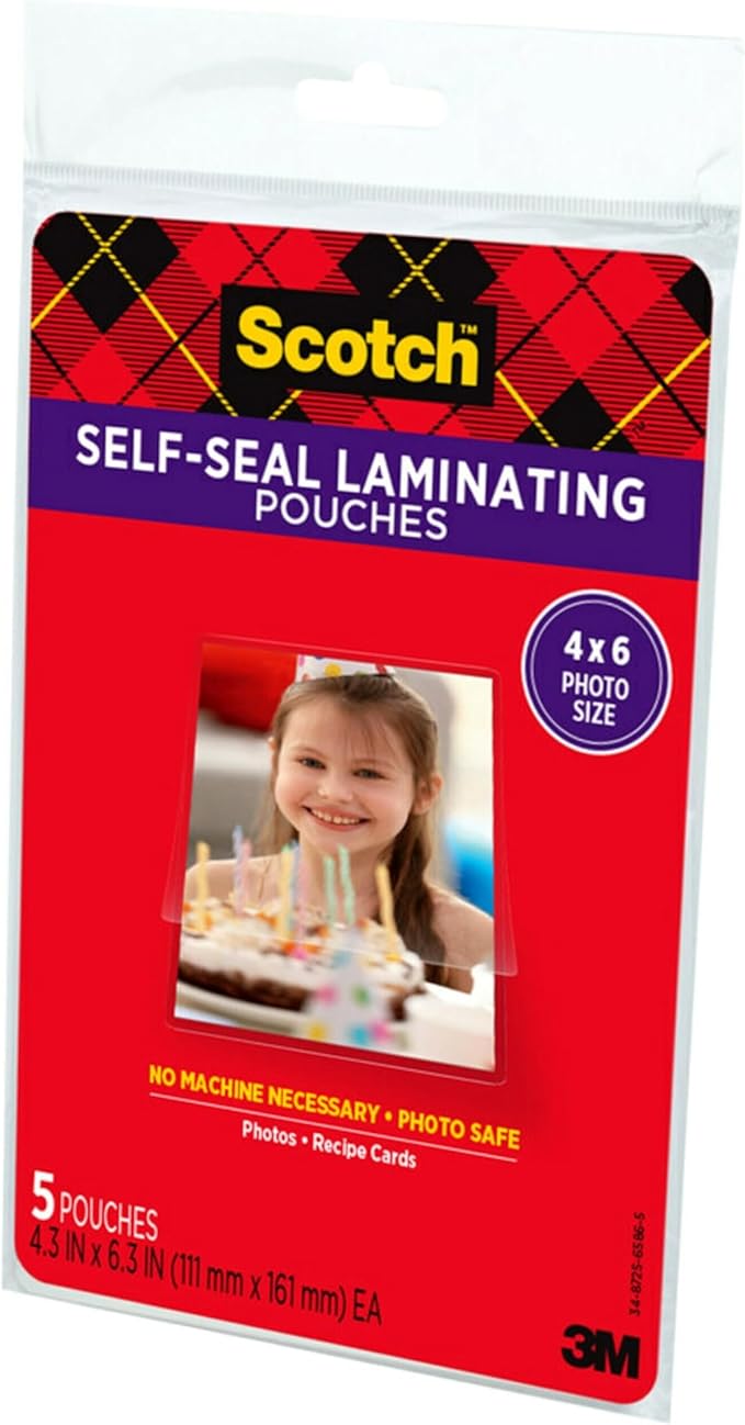 Scotch Self-Sealing Laminating Pouches, Glossy Finish, 4.3 x 6.3 Inches, 5 Pouches (PL900G)