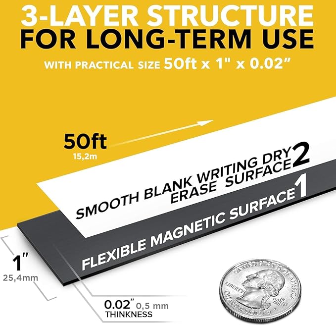 X-bet MAGNET Dry Erase Magnetic Strips 50 feet x 1inch x Total Thickness 0.5mm+Marker+1 Dry Erase Marker