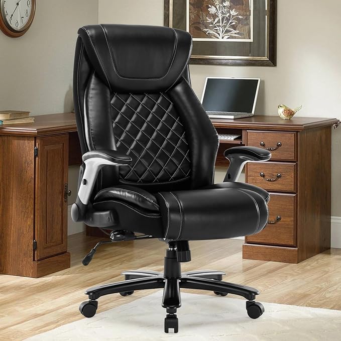 Big and Tall Office Chair 400LBS High Back Executive Chair Computer Chair- Adjustable Lumbar Support with Flip-Up Arms Large Desk Swivel Chair with Heavy Duty Metal Base,Black