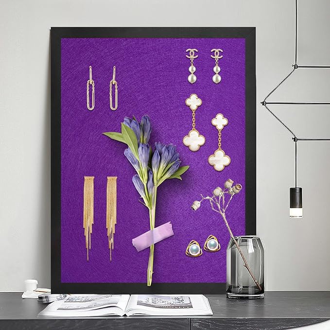 Bulletin Board Cork Boards with Felt, 17"x13" Small Display Pin Board Vision Board for Walls, Jewelry, Notes, Collection, Photos, Office, Wood Framed(Black) & Felt(Purple), 1pc