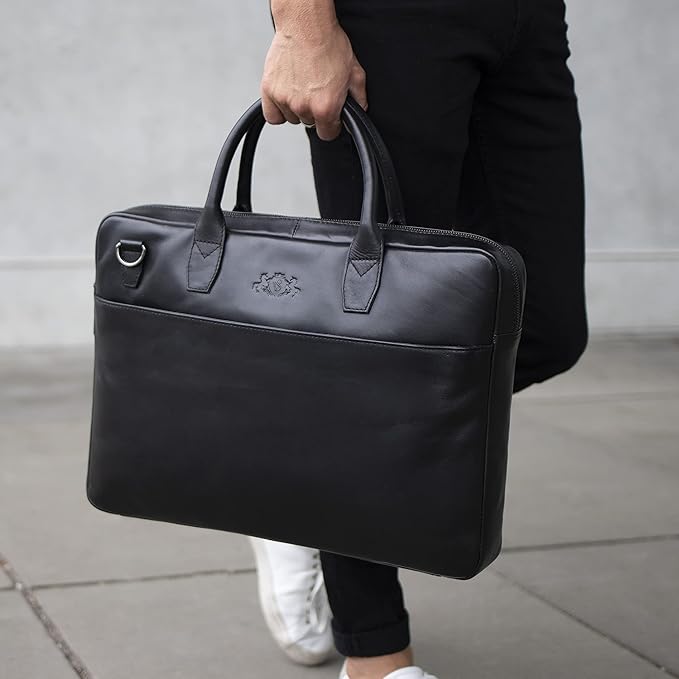 SID & VAIN laptop bag BOSTON Large business office work bag laptop case real leather briefcase leather bag Unisex black