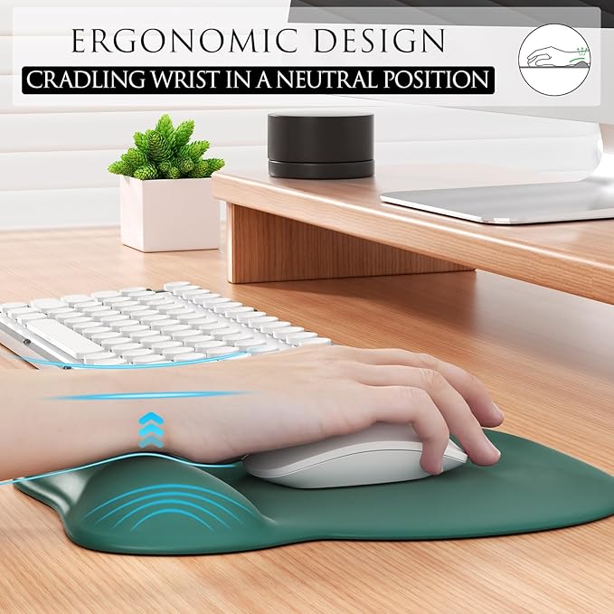 MROCO Ergonomic Mouse Pad with Gel Wrist Rest, Comfortable Mousepad with Smooth Wrist Support Surface and Non-Slip PU Base for Pain Relief, Computer, Laptop, Office & Home, 9.4 x 8.1 in, Forest Green