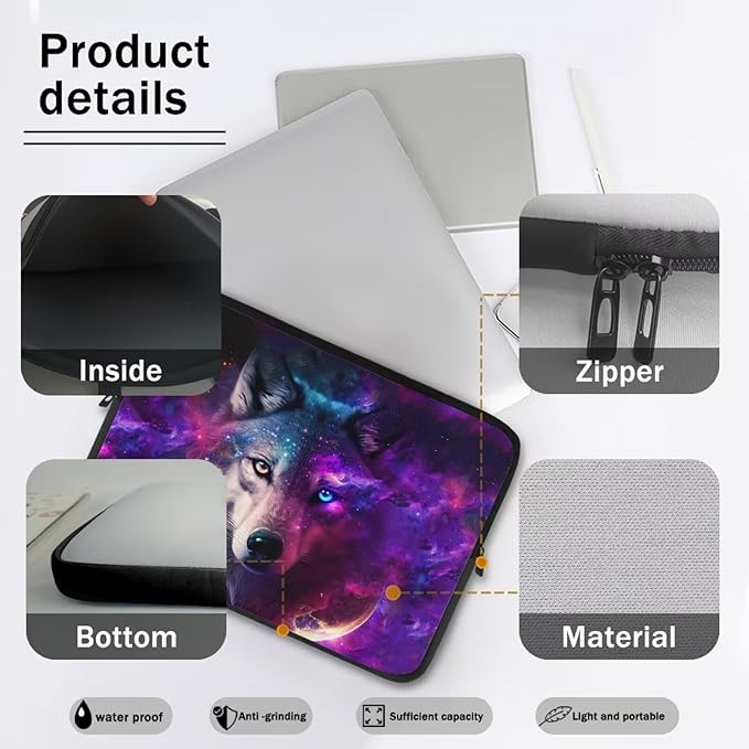 Galaxy Wolf Laptop Protective Sleeve for Men 10 inch Laptop Covers with Large Capacity Lap Top Case Lightweight Computer Sleeve Bag Suitable Gifts for Holidays Purple Tablet Bag