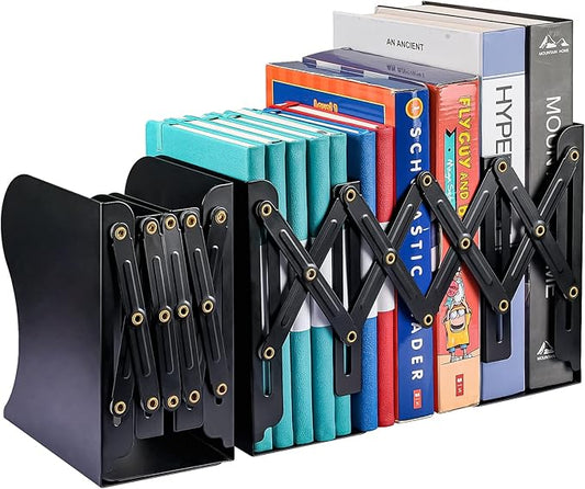 2PCS Adjustable Bookends, Metal Book Ends for Heavy Book, 2 Dividers, Nonslip Book Stander for Desk, Shelf, Office, Stationery Gift, Extends up to 19 inches (Black)