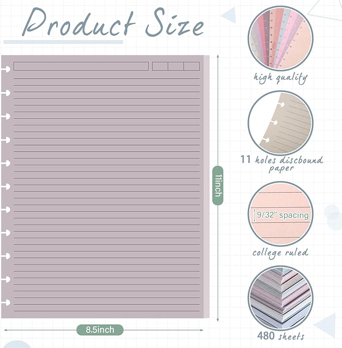 PerKoop 12 Pack 480 Sheets Colored Discbound Refill Paper 8.5 x 11 Inch College Ruled 11 Disc Letter Size Lined Paper Multicolored Refill Notebooks Disc Paper for Refill Paper Journaling (Poi Color)