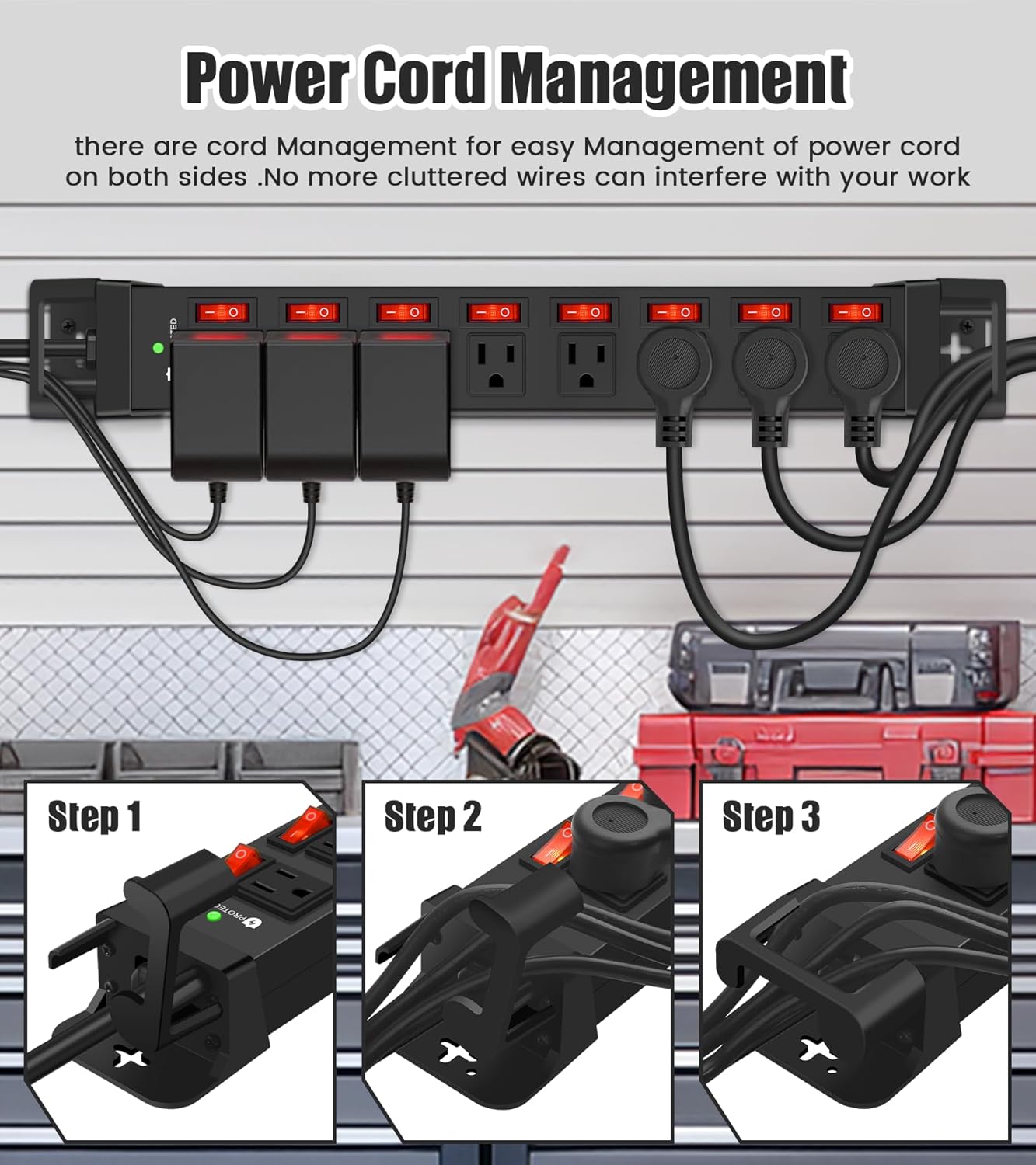 Heavy Duty Power Strip with Individual Switches,8 Outlets 14 Gauge Industrial Shop Garage Metal Multiple Outlets,1200J Surge Protector Mountable Power Strip,15FT Extension Cord Management (Black)