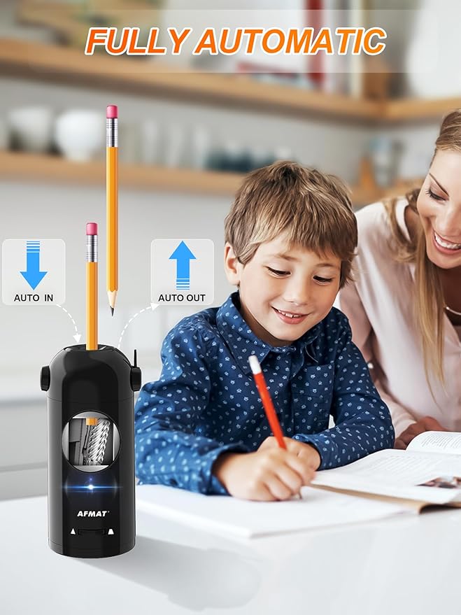 AFMAT Electric Pencil Sharpener for Colored Pencils 7-11.5mm, Robot Pencil Sharpener, Fully Automatic Rechargeable Hands-Free Pencil Sharpener for Large Pencils, Home, Classroom, Battery Operated